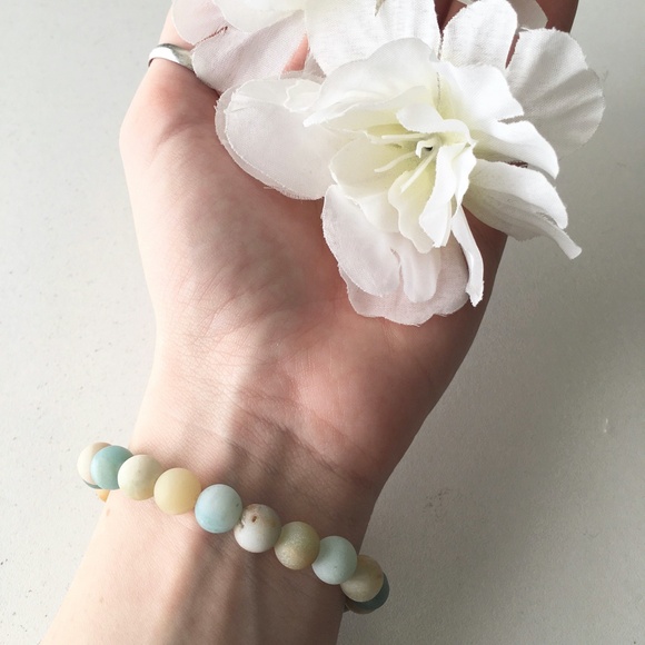 Evil Eye Charm Amazonite Frosted Gemstone Chakra Balancing Stretchy Energy Brace - Picture 3 of 3